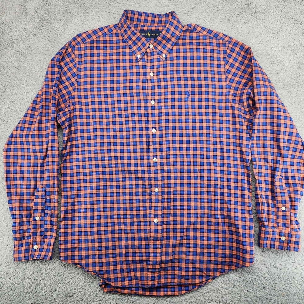 Ralph Lauren Long Sleev Button Down Shirt Mens Size XL Check Pattern Orange Blue - Picture 2 of 7